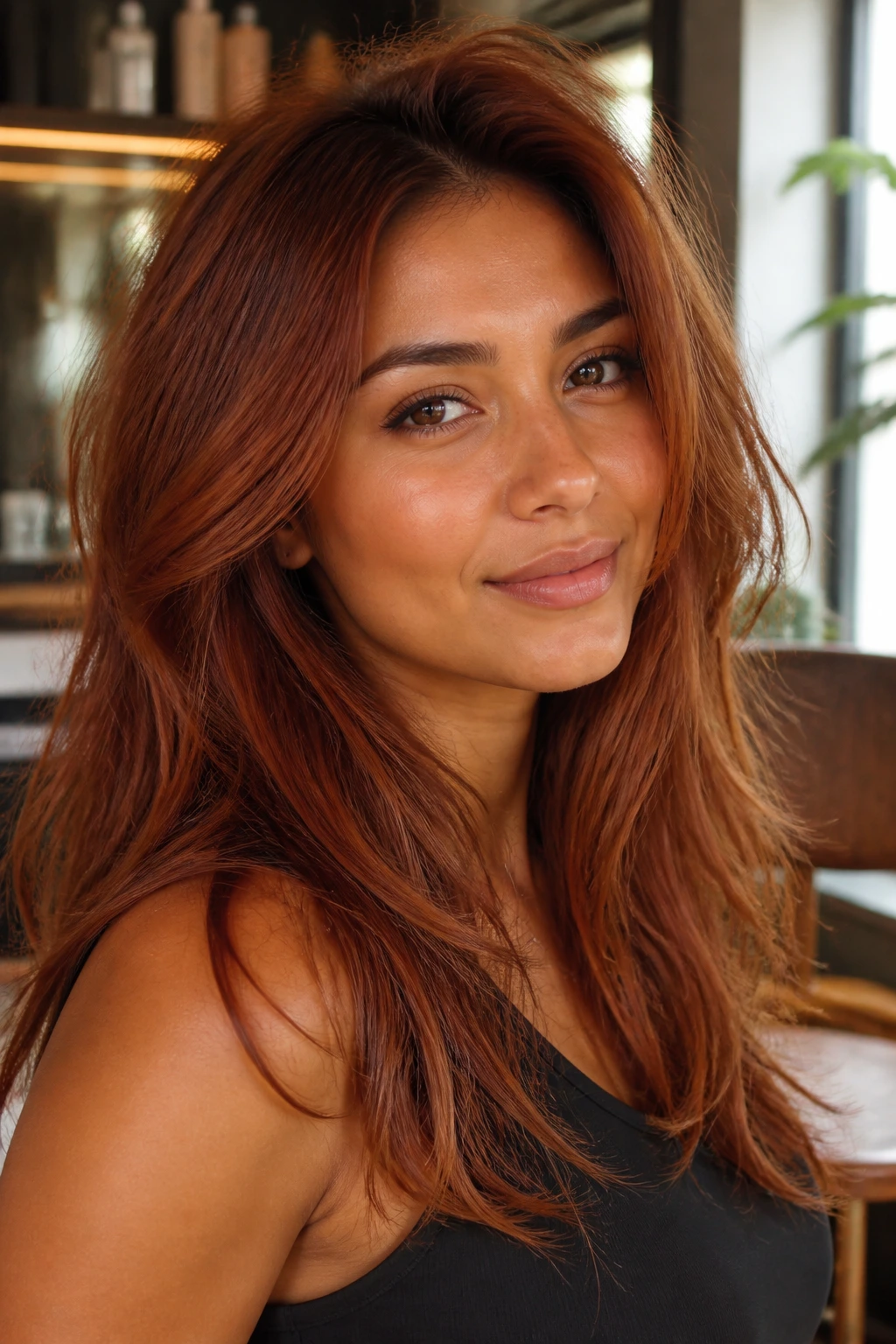Terracotta brown hair on a real woman with warm skin tone in soft salon lighting.