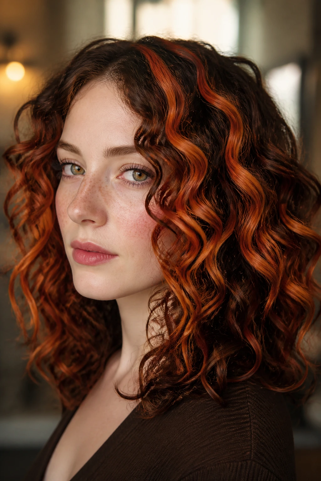 Close-up of a real woman with terracotta chunky highlights in dense curls