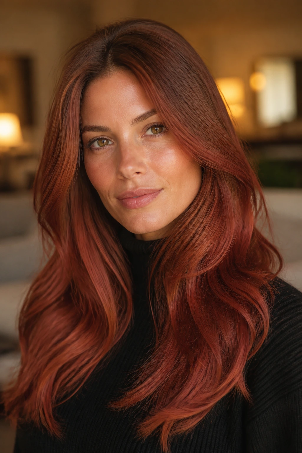 Close-up portrait of a woman with terracotta red hair in a warm-lit room