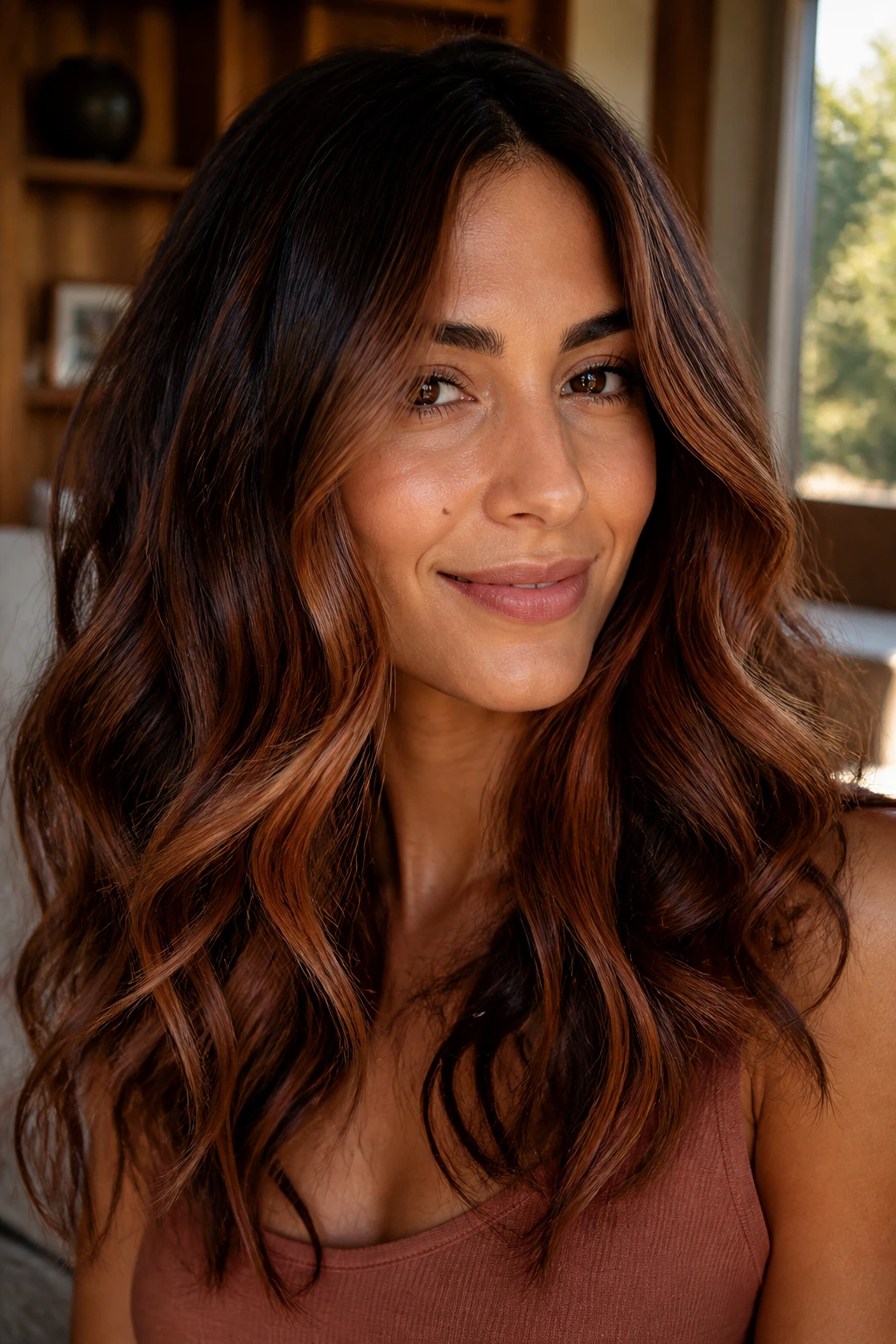 Close-up of a real woman with terracotta ribbon waves in brunette hair, warm window light