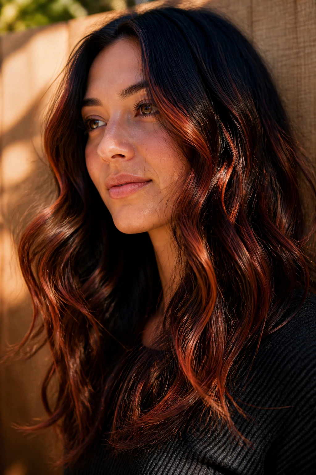 Close-up portrait of a real woman with burnished terracotta ribbons in dark waves in warm outdoor light
