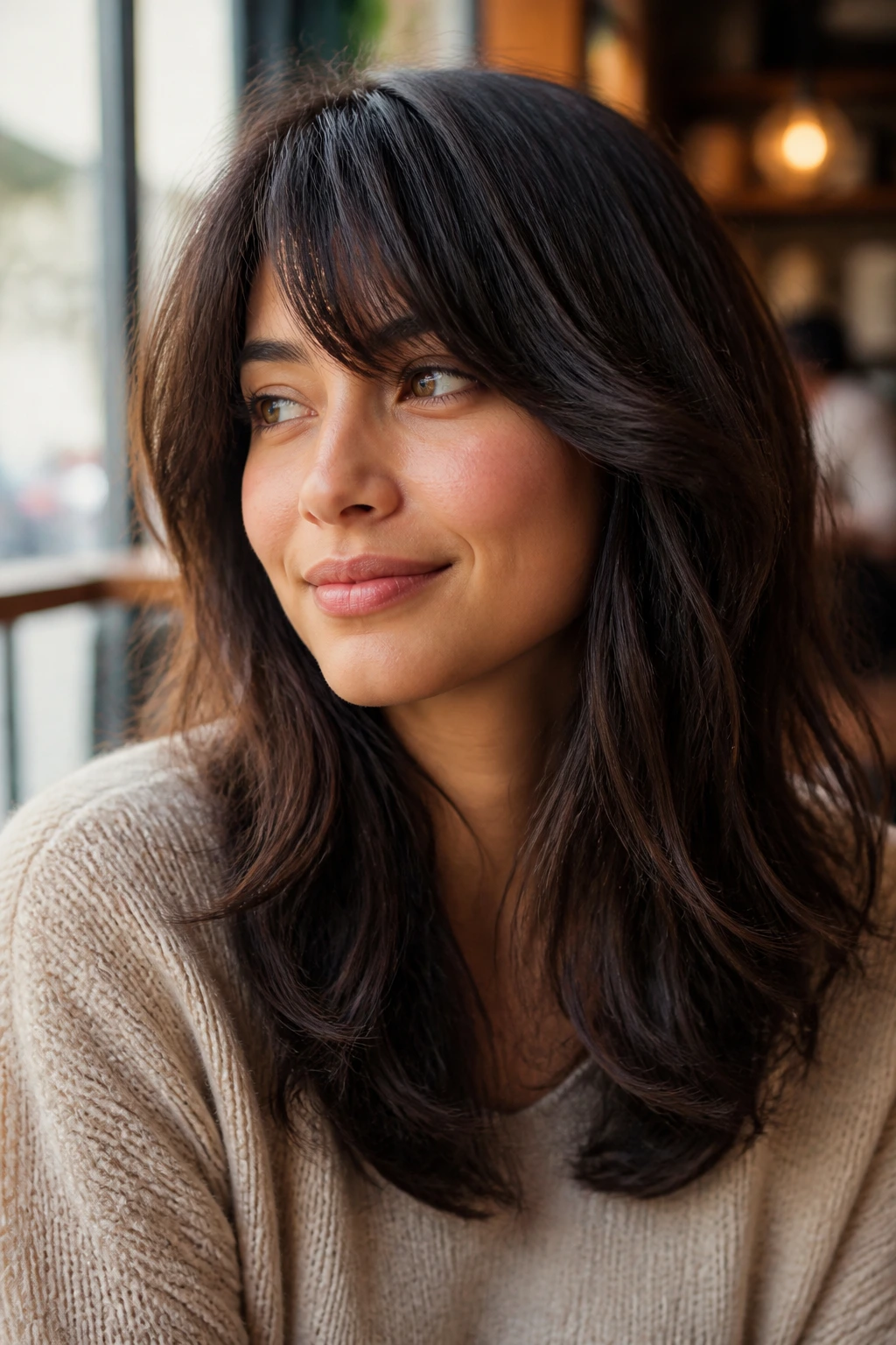 Medium close-up of a real person with thick hair and natural waves with side-swept bangs