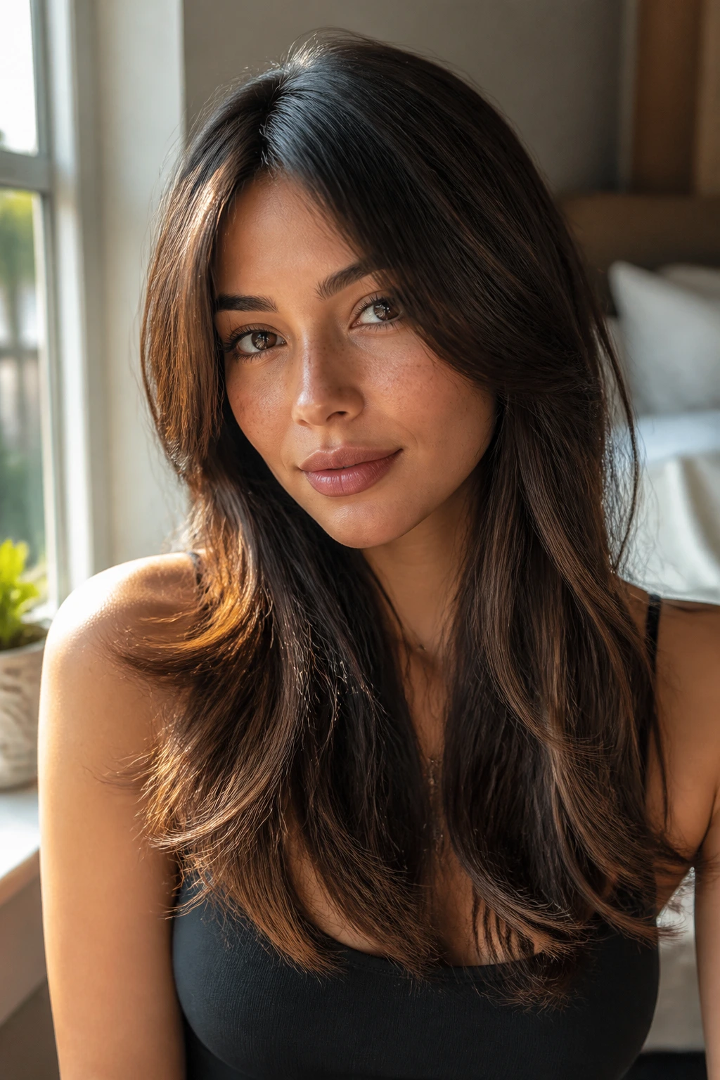 Close-up of real woman with long glossy textured hair under warm window light