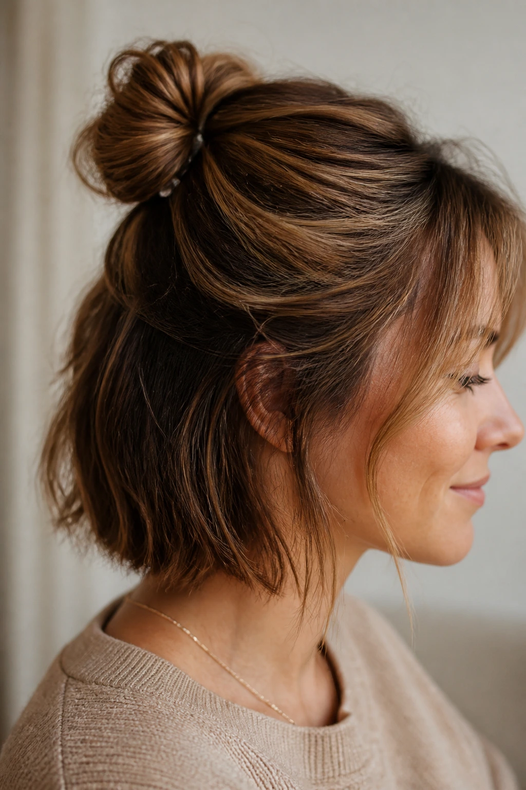 Close-up of a real person’s half-up bun showing crown texture