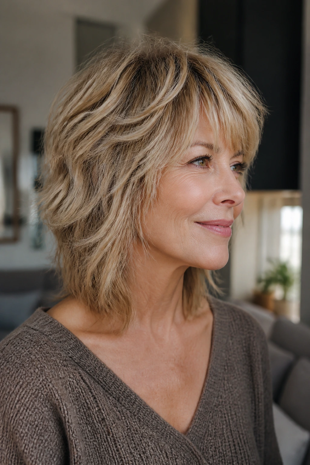 Close-up of a real woman with textured shag showing boosted texture