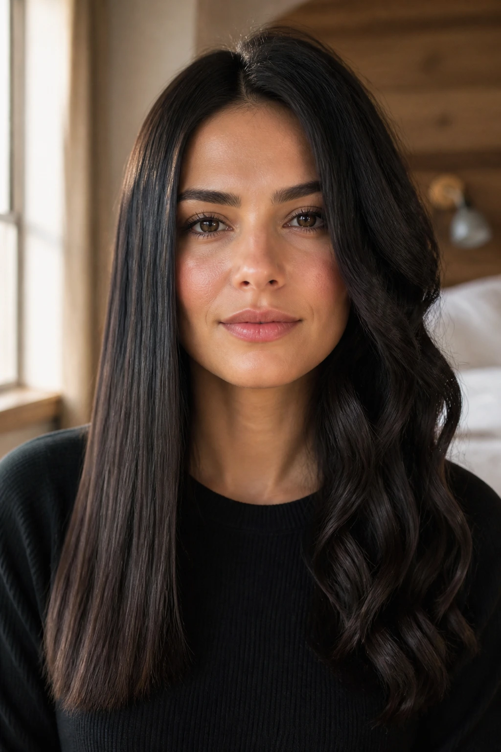 Close-up portrait of a real woman showing two hair textures (sleek and wavy) to illustrate variations