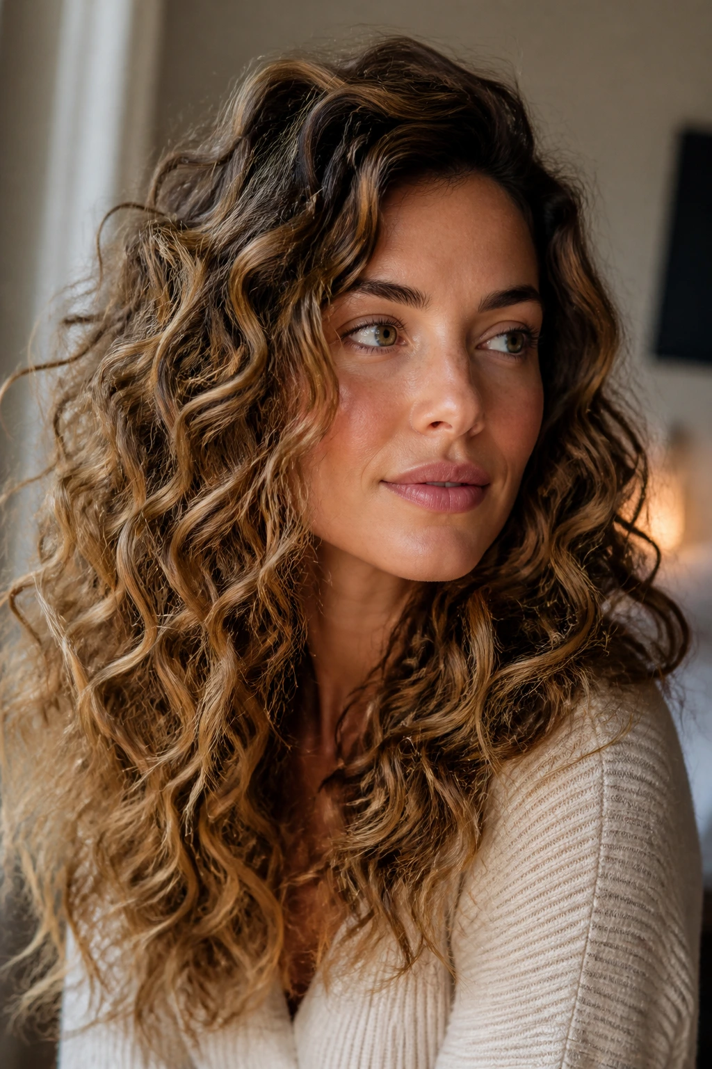 Close-up of a real woman with textured curly beachy waves and rich color depth