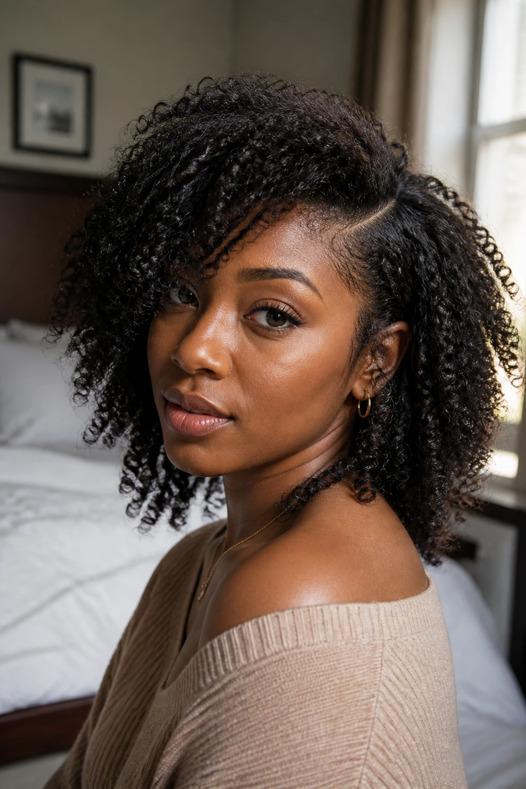Close-up portrait of a real Black woman with face-framing layers and a side part.