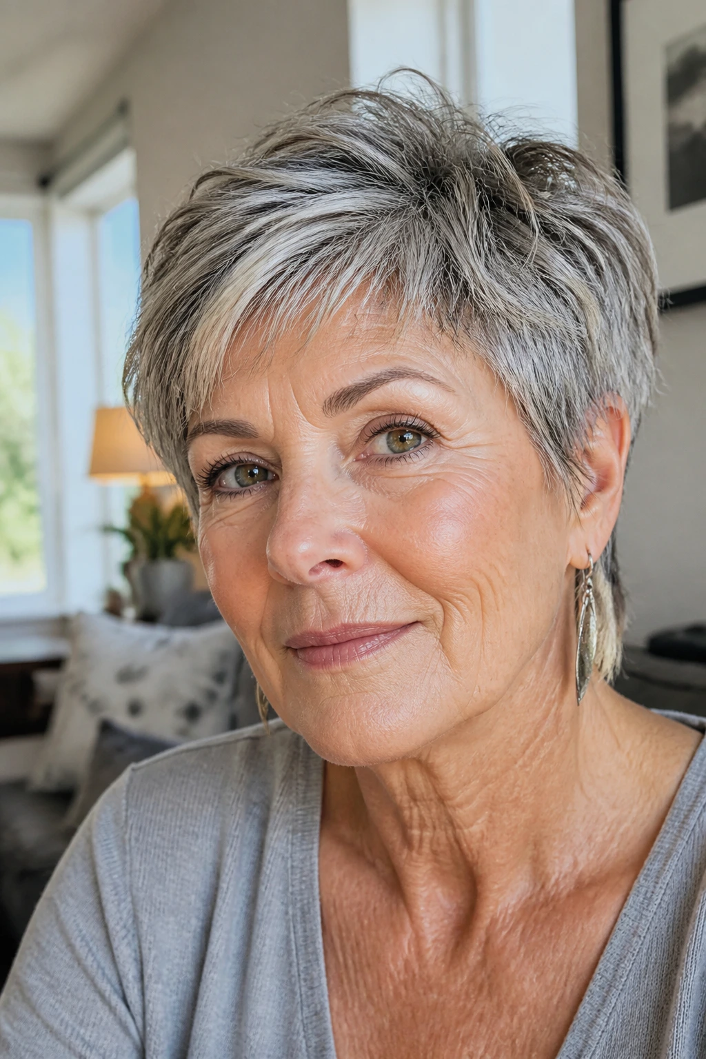 Close-up of a gray-toned short textured hairstyle on a real woman