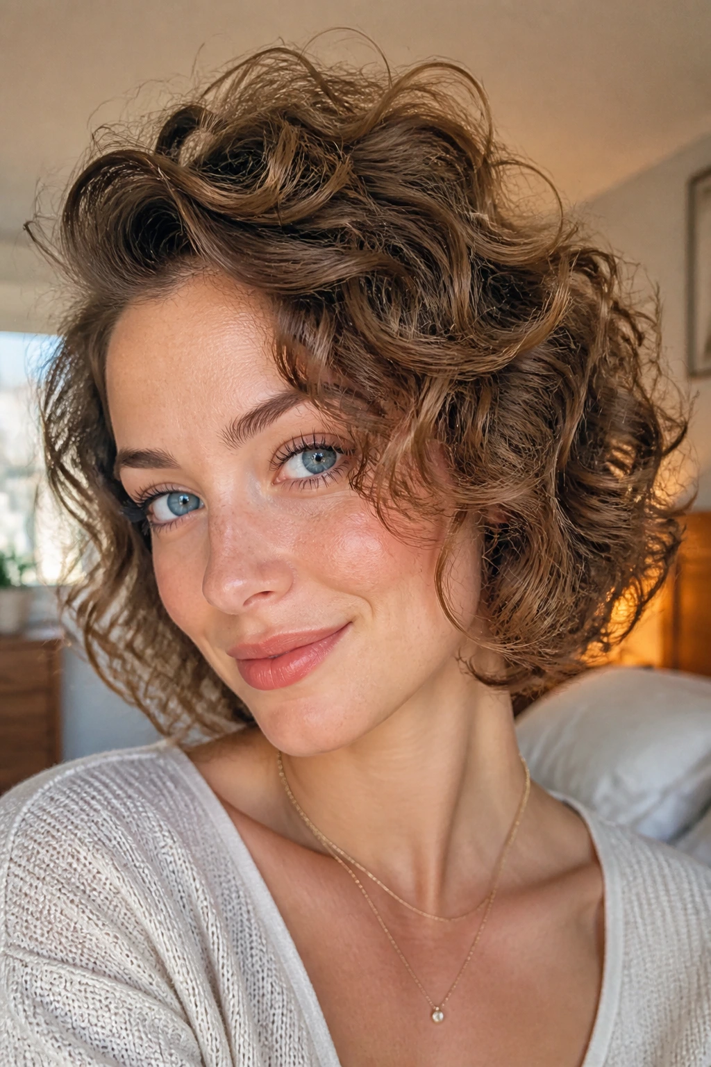 Close-up of a real woman's neck-length curly hair with extra texture for fullness in a cozy home setting