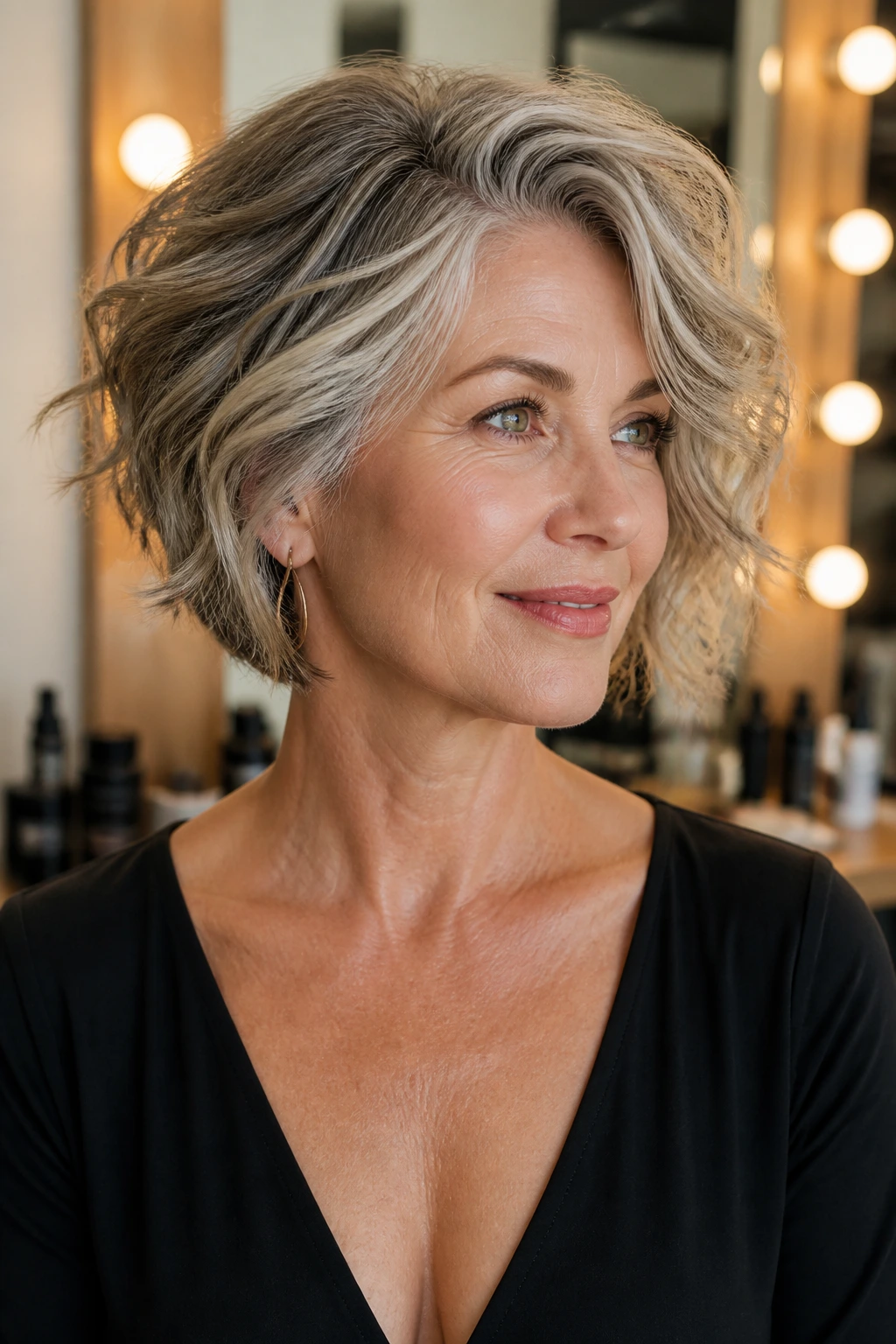 Portrait of a woman over 50 with a textured hairstyle that suits her hair texture and neckline