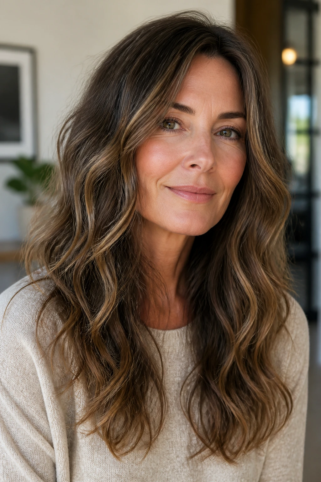 Portrait of a woman with textured waves showing a texture-aware long cut.