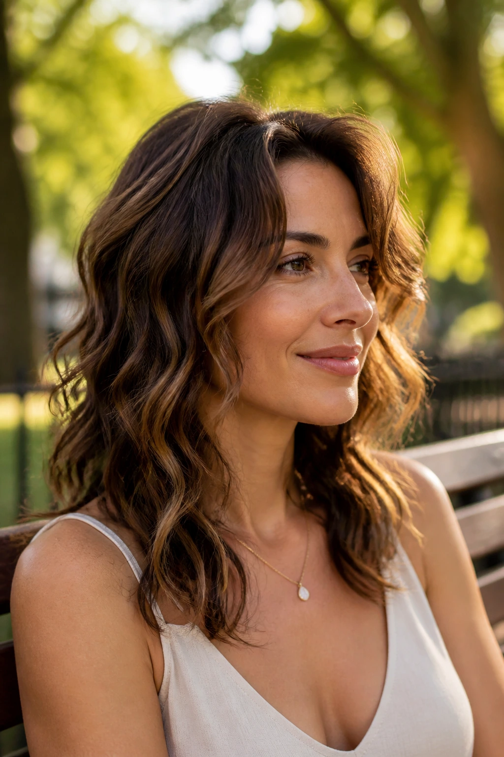 Portrait of a real woman with close-to-head texture and soft jawline framing.