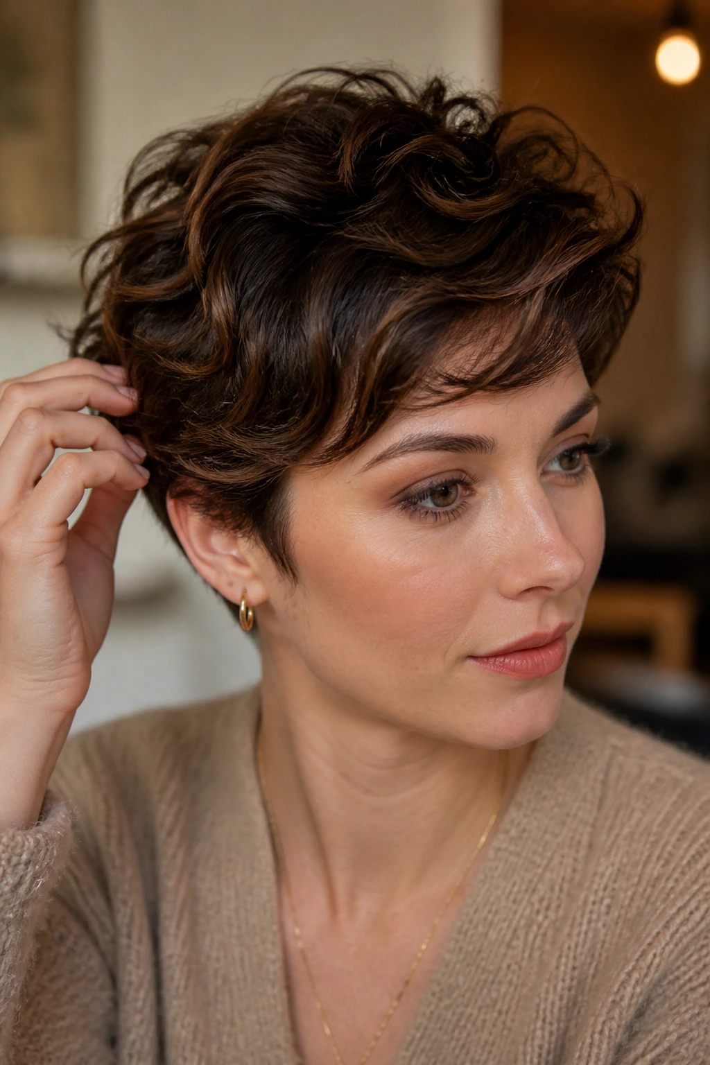 Person scrunching the ends of short wavy hair to add texture