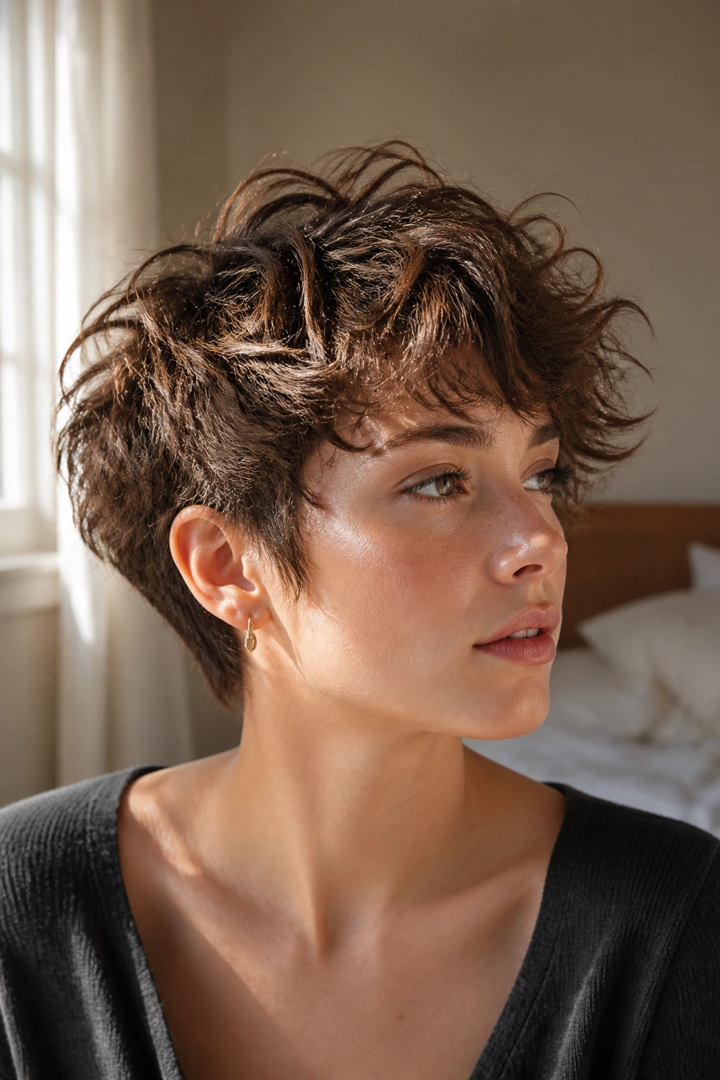 Close-up of short wavy hair showing texture and movement on a real person.