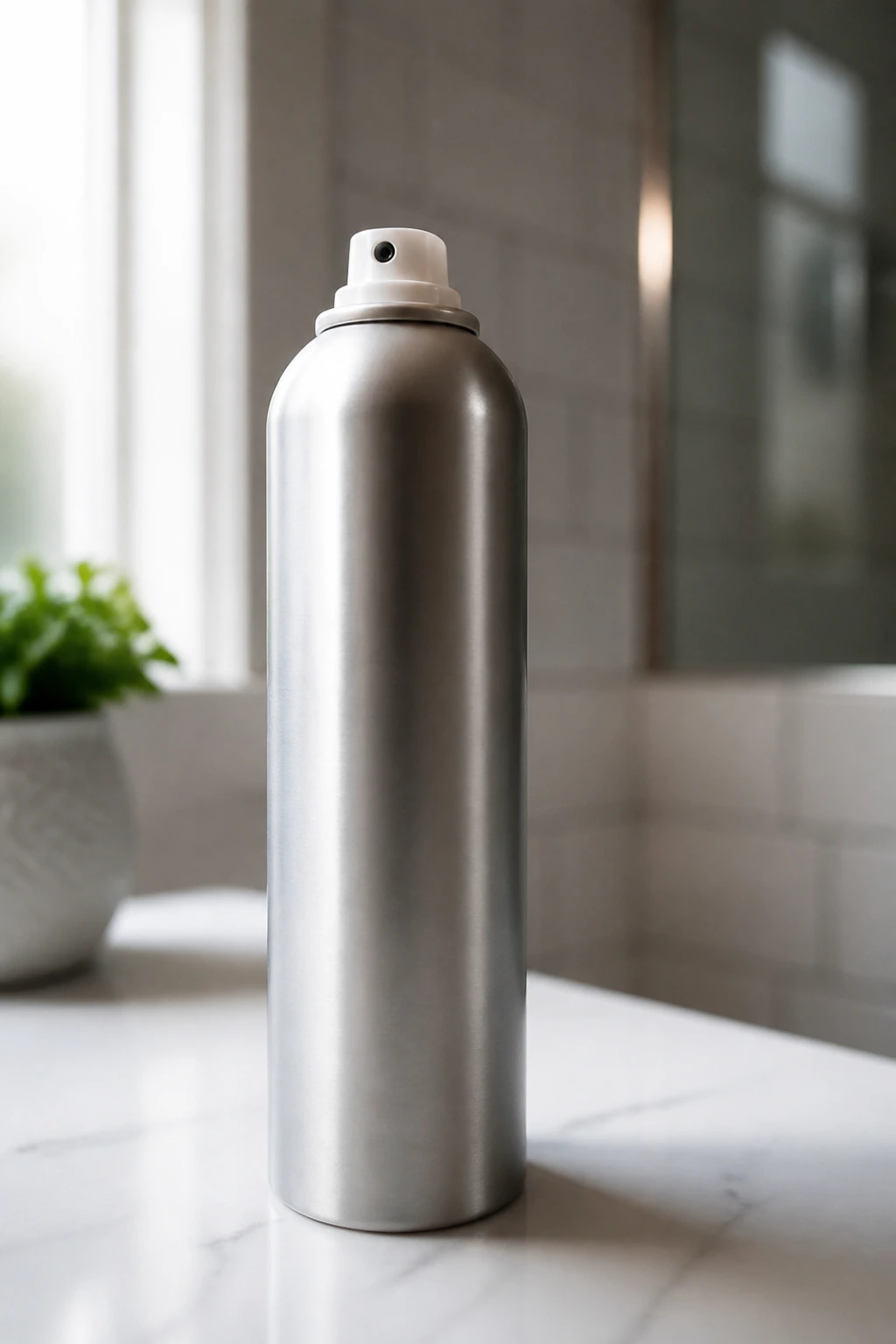 Close-up of texture spray bottle on bathroom counter with soft light