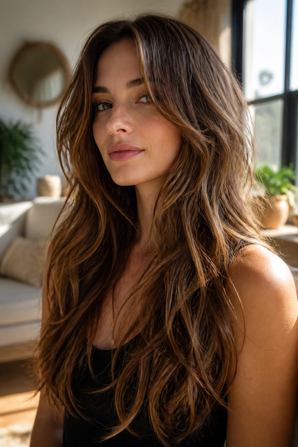 Real woman with long layered hair showing high-definition texture and separation