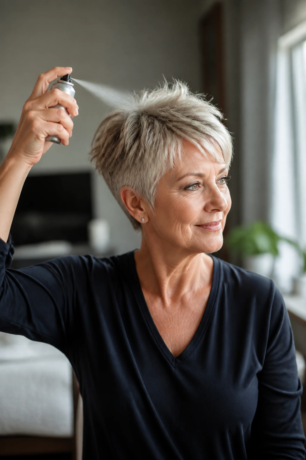 Real woman with pixie cut applying texture spray for lift at crown