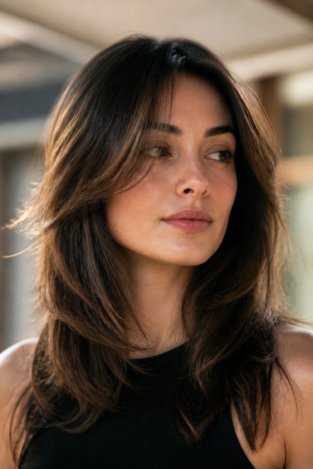 Portrait showing textured layers around the cheekbone on a square face