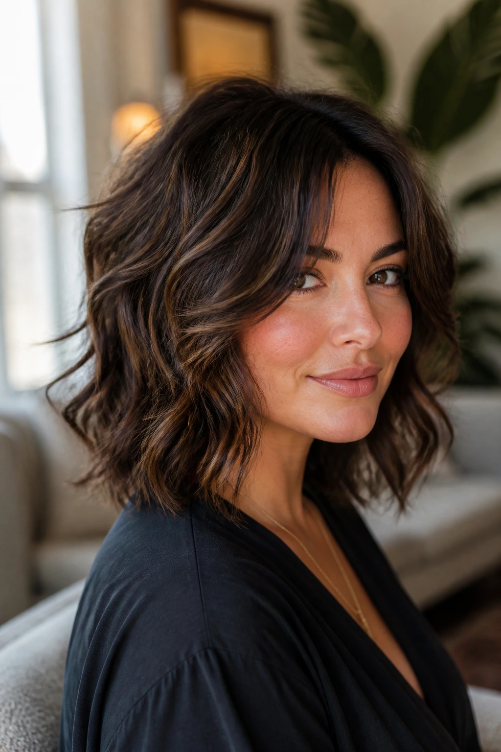 Close-up portrait of a real woman with textured hair showing straight, wavy and curled elements