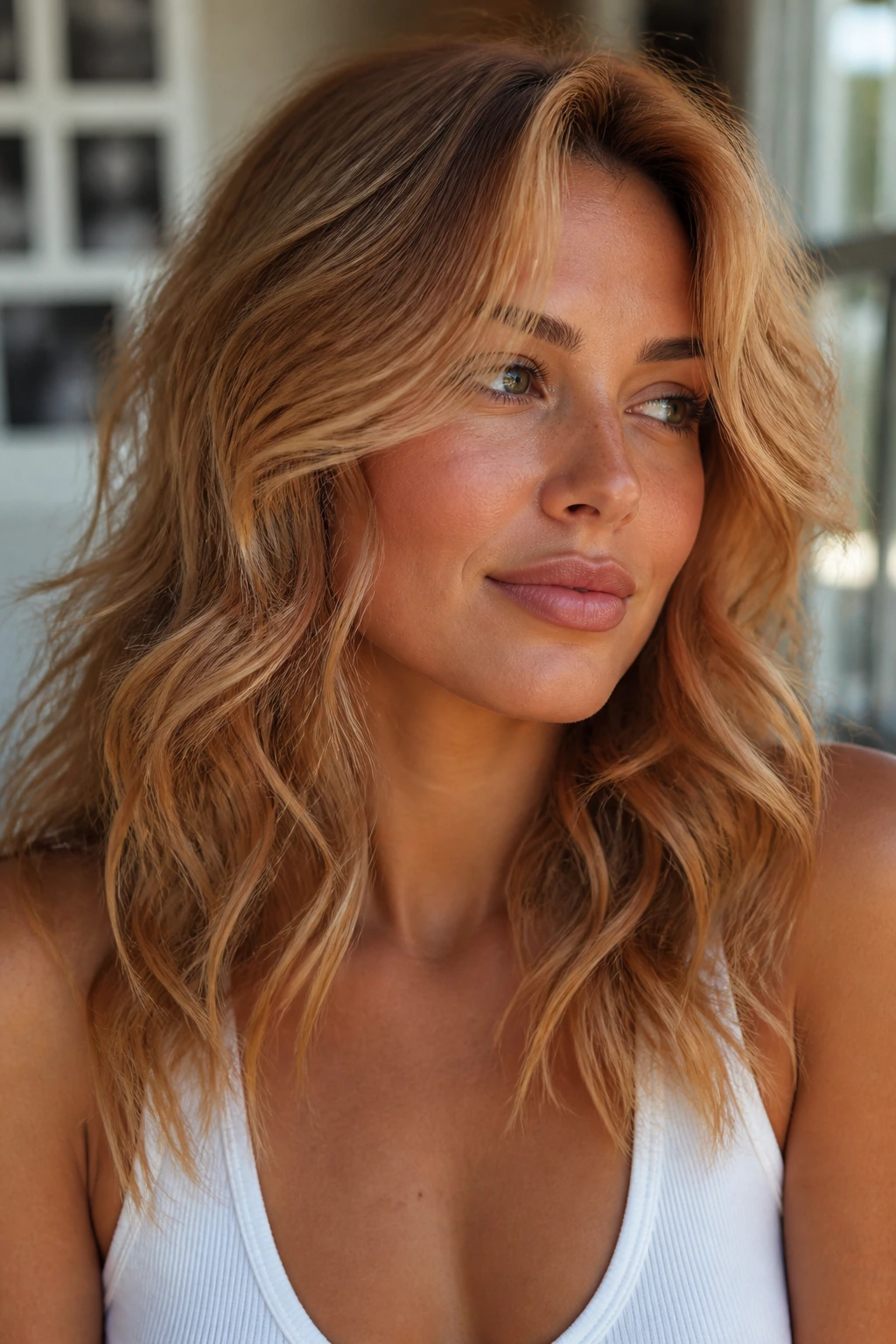 Close-up of textured strawberry blonde hair on a real person with layers and waves.