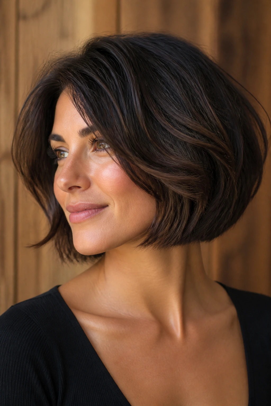 Close-up portrait showing hair texture on thick hair to avoid boxy shape