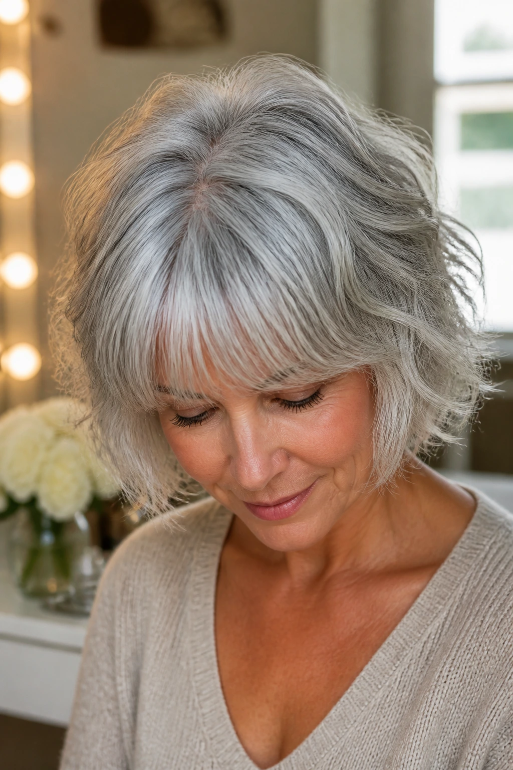 Real woman with wavy bob and bangs showing crown lift and shine in natural light