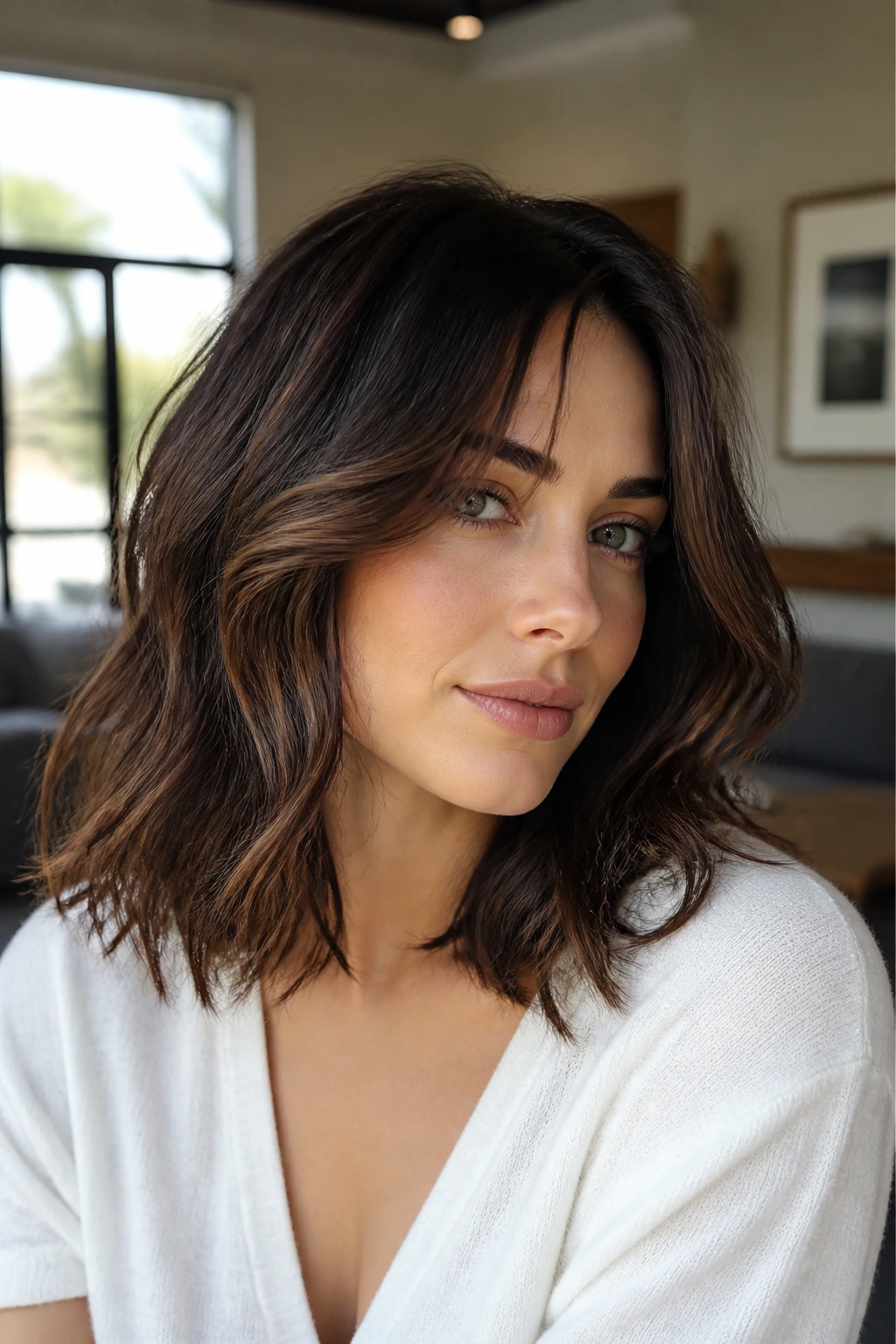 Portrait displaying mixed textures on medium-length hair with smooth edges and subtle waves