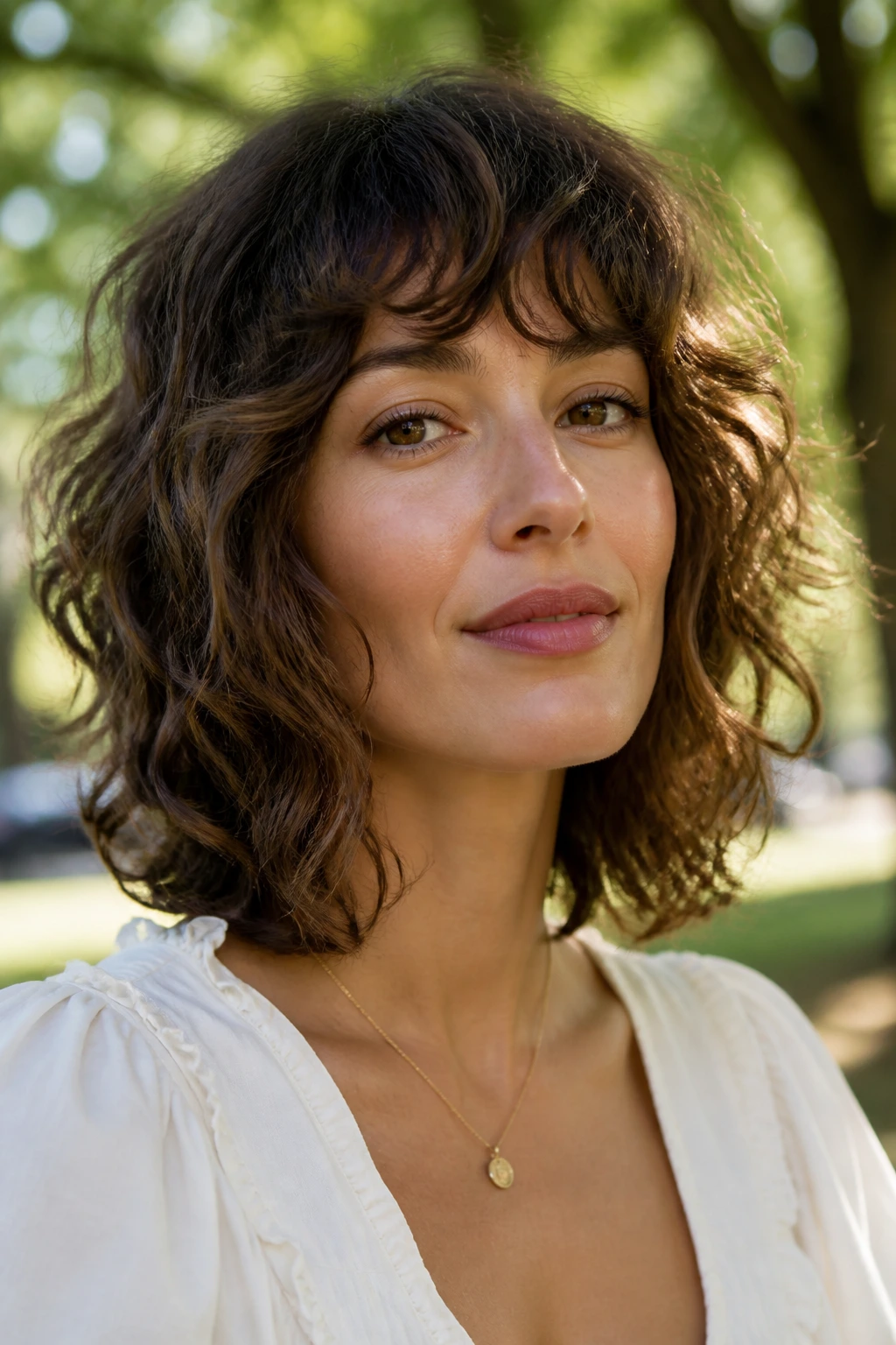 Portrait of a person with textured waves and curls on a medium-length hairstyle