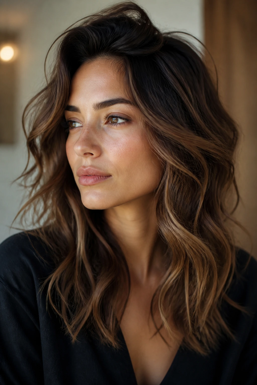 Close-up of textured waves with lifted crown in warm indoor light.