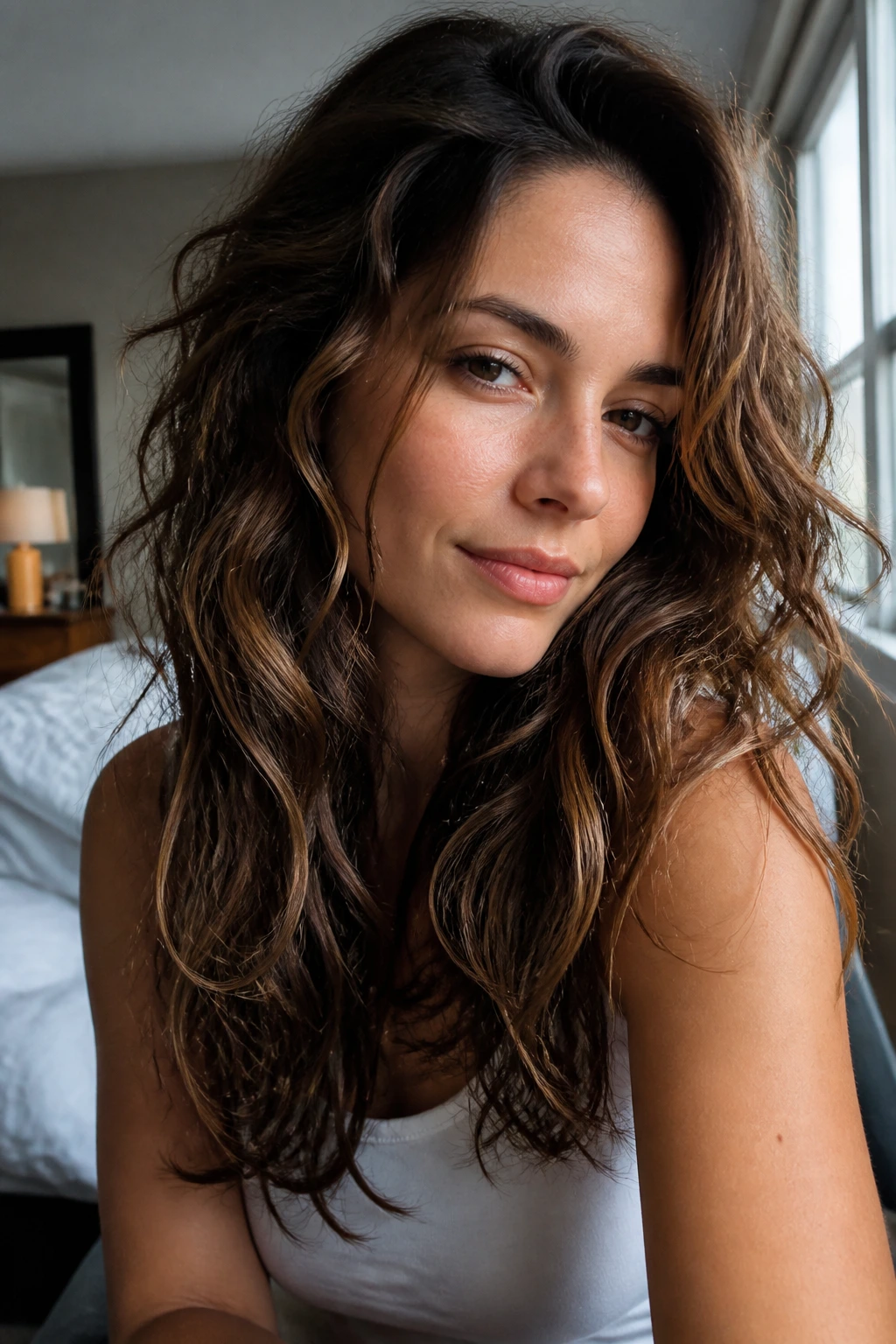 Close-up portrait of a real woman with textured wavy hair in warm natural light
