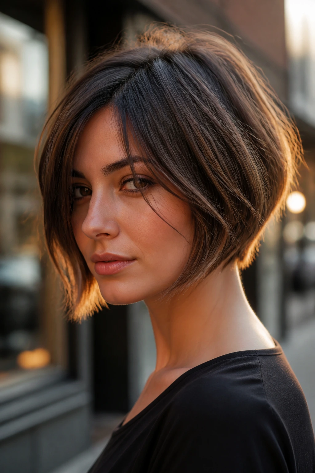 Close-up portrait of a real woman with textured A-line bob and face-framing layers, in golden hour street lighting.