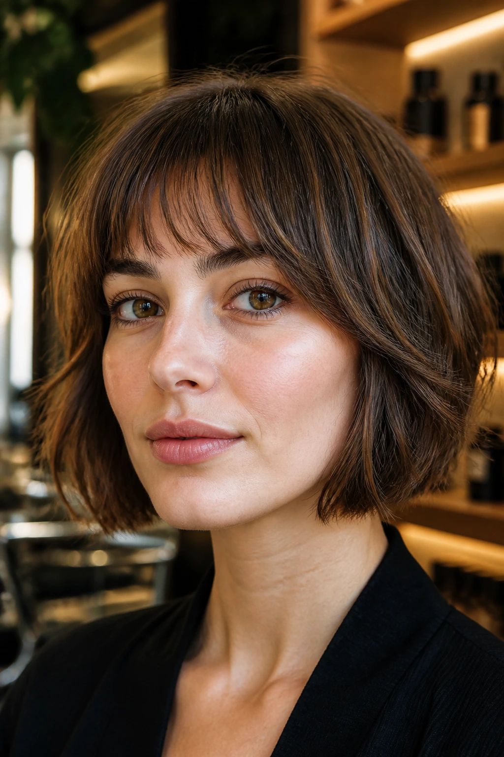 Close-up portrait of a real woman with textured arched bangs on a chin-length bob
