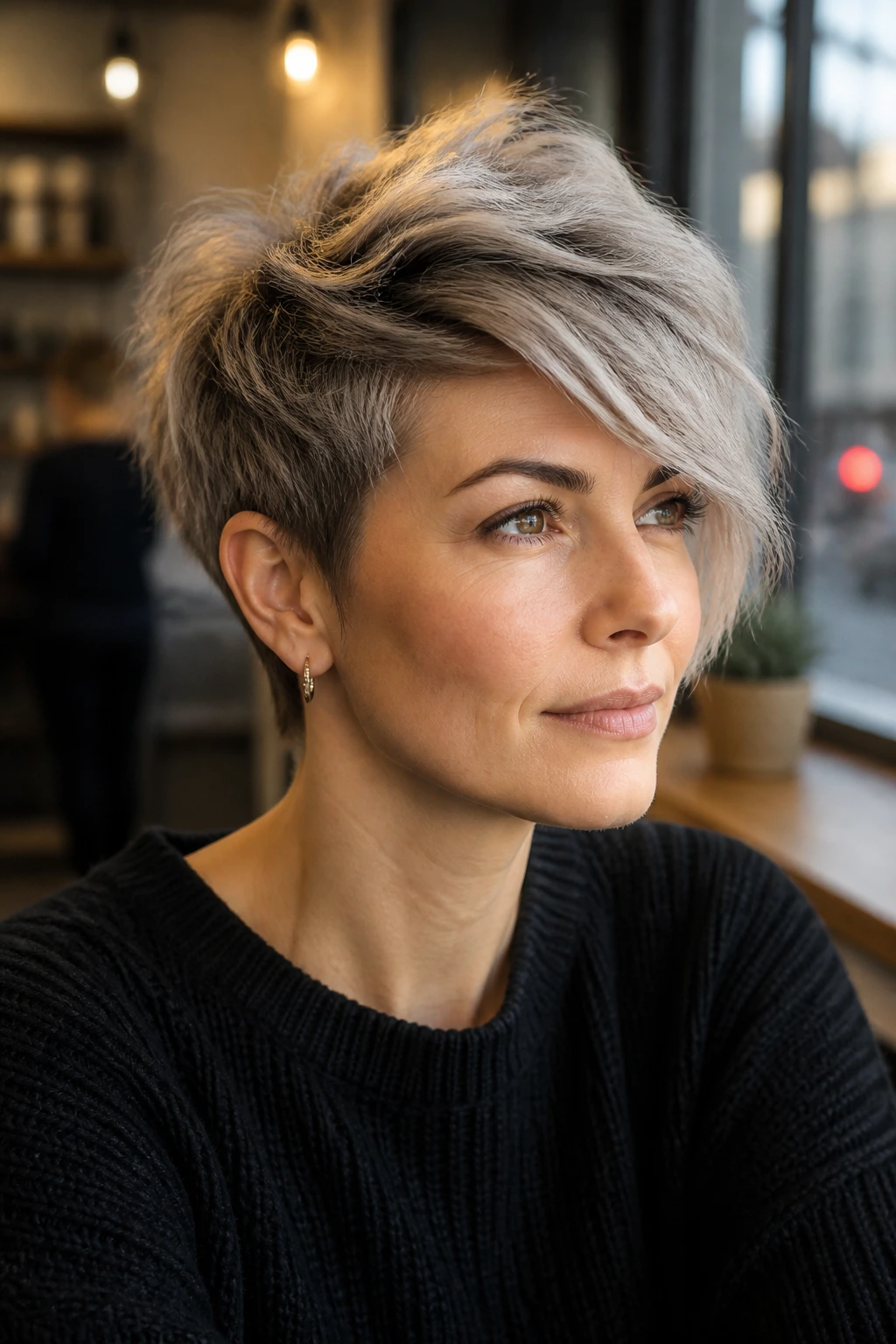 Portrait of a person with a textured ash pixie and long side fringe