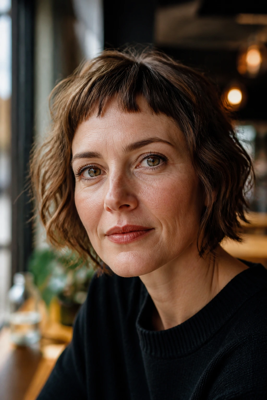 Real woman with textured baby bangs on wavy hair in warm cafe light.