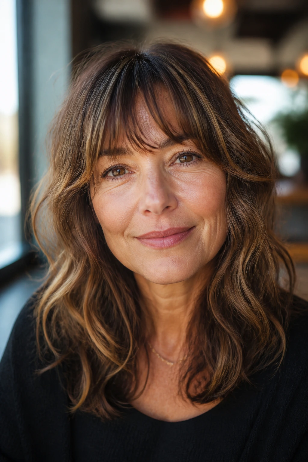 Close-up of a real woman with textured bangs styled to look intentional