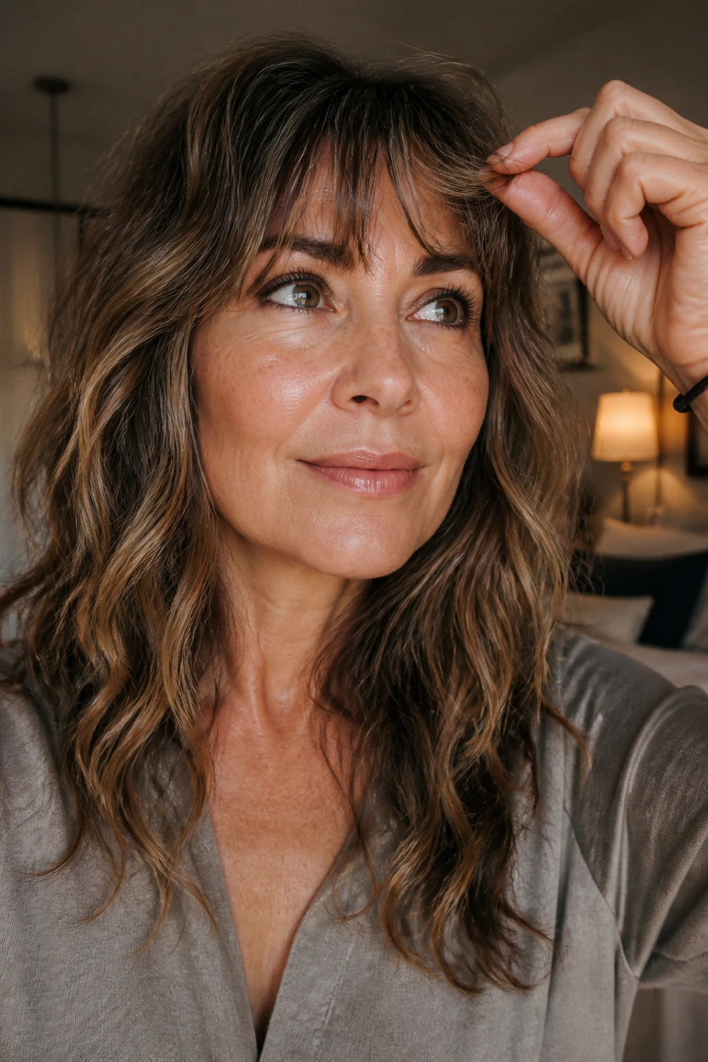 Real woman with textured bangs being styled in a cozy room