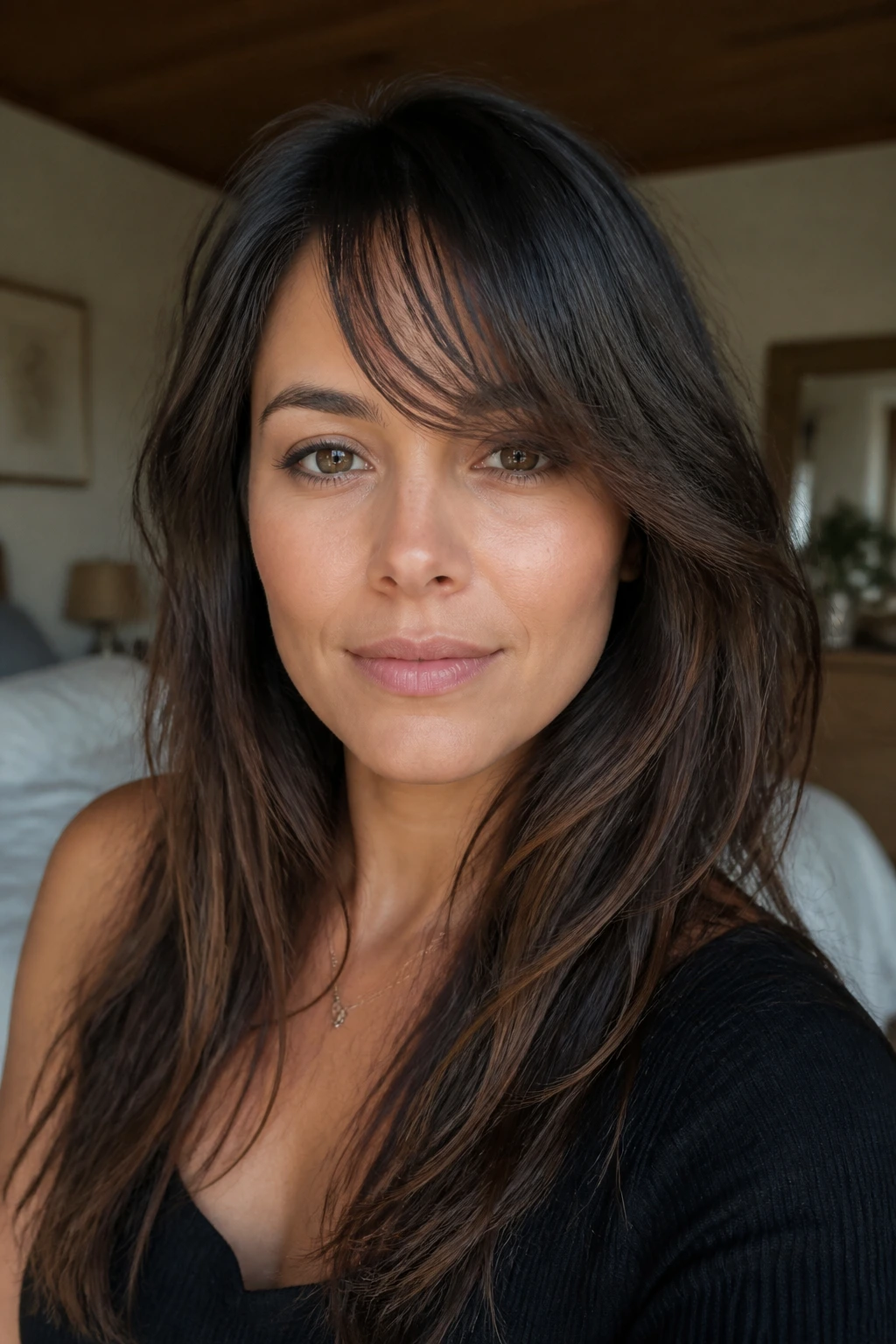 Close-up of a real woman with textured piecey swoop bangs in warm bedroom light