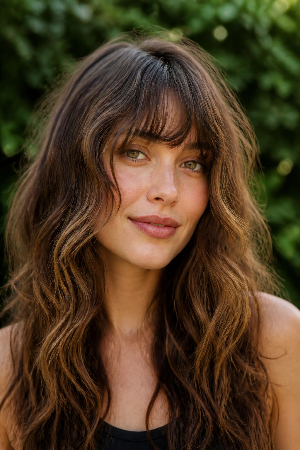 Woman with textured bangs for wavy hair in natural setting