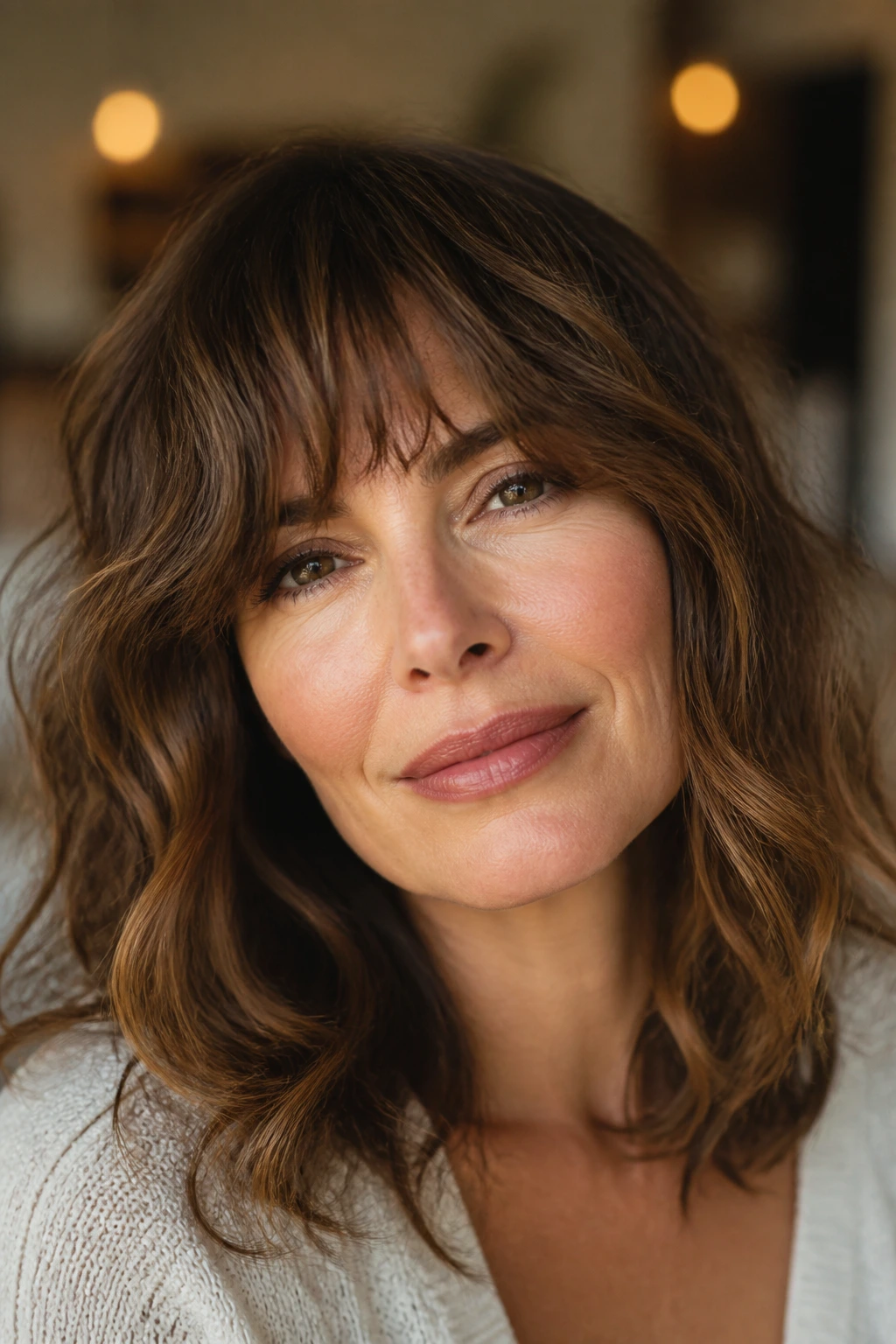 Close-up portrait of a real woman with textured bangs following natural wave