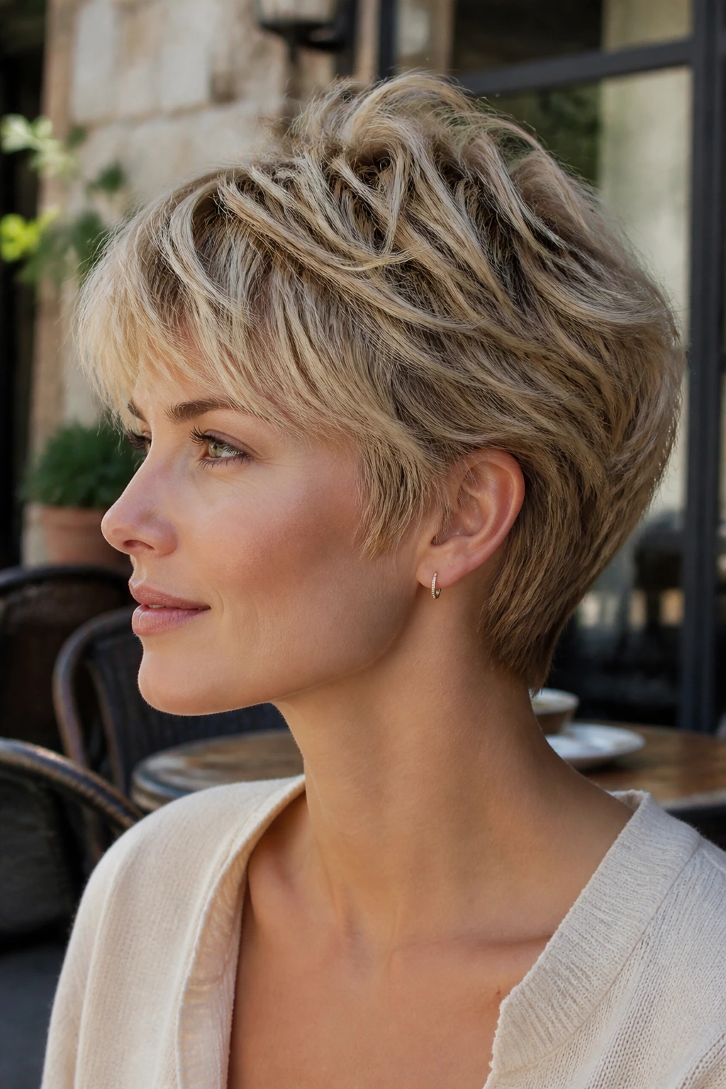Real person with textured bixie and feathery ends in daylight outdoors