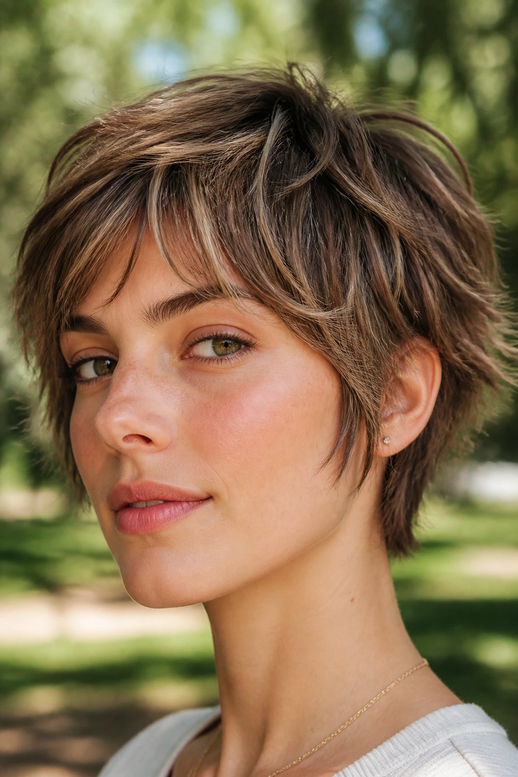 Portrait of a person with textured bixie and visible lowlights.