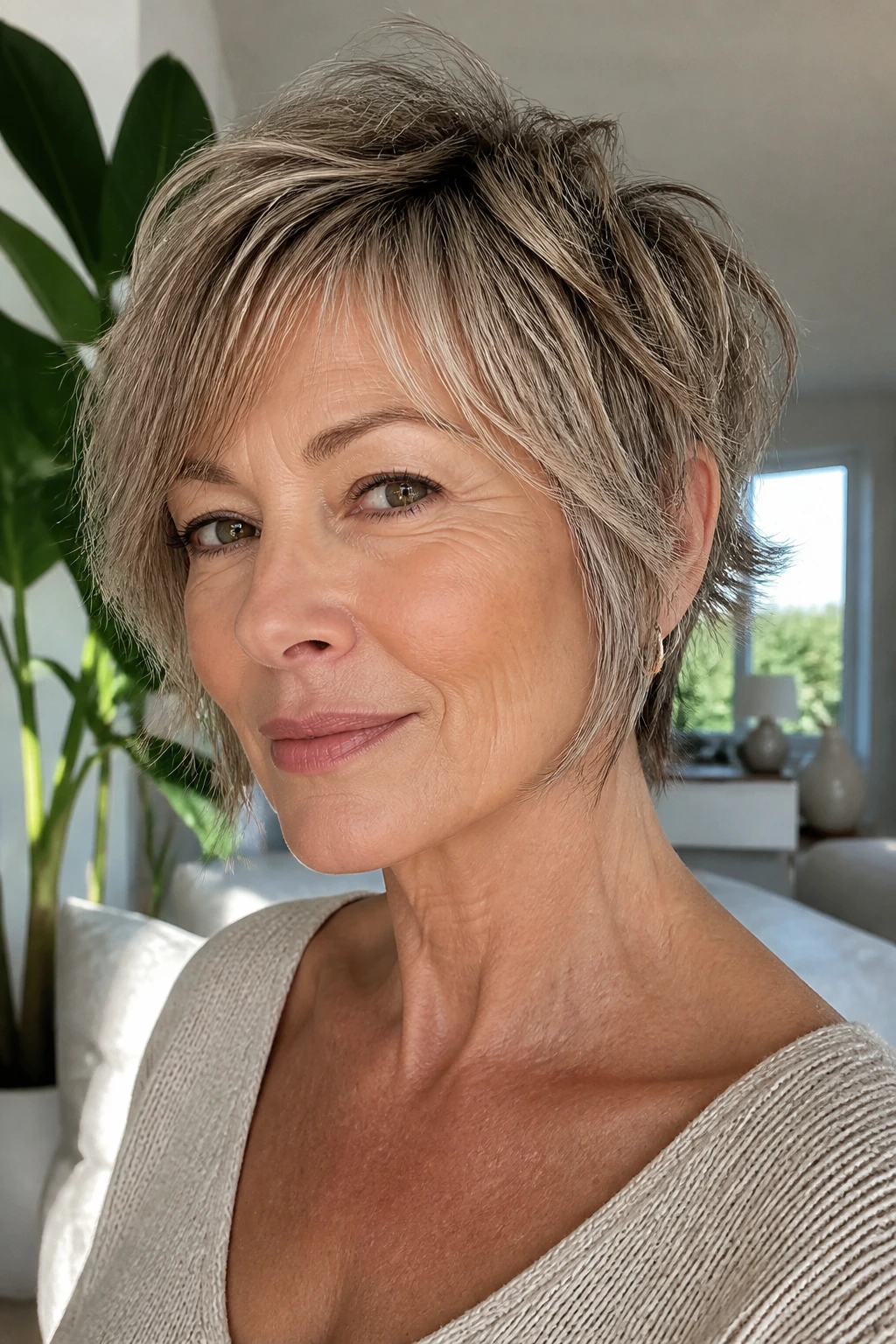 Portrait of a woman with a textured bixie and sideburn layers framing cheeks