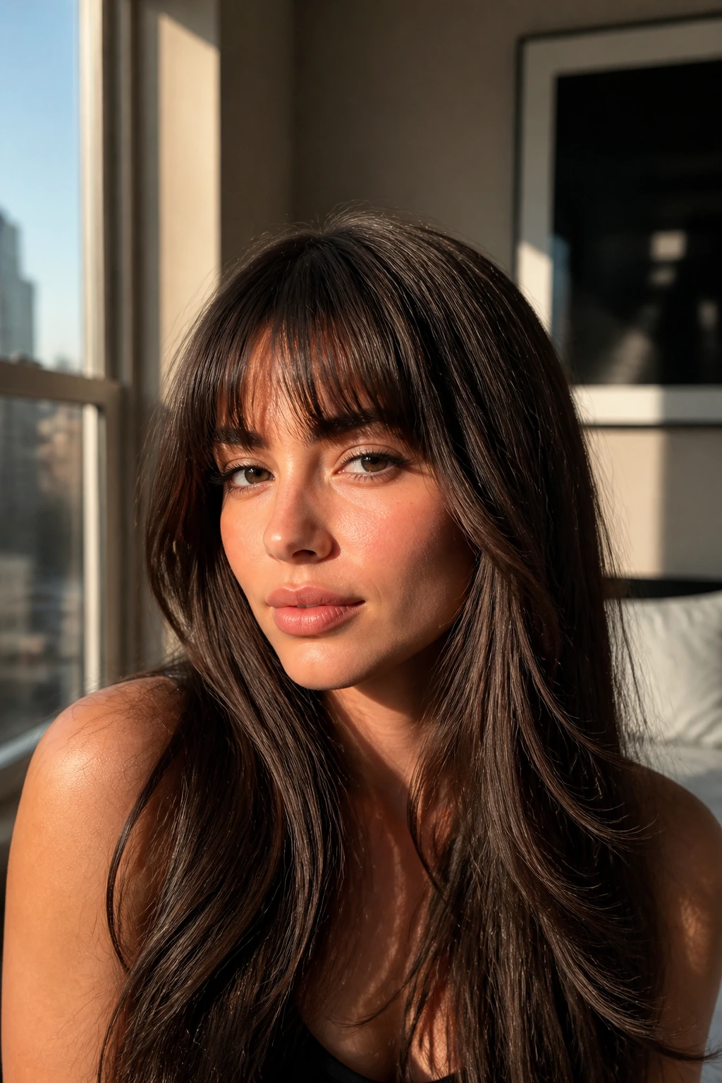 Real woman with textured blunt bangs under warm window light