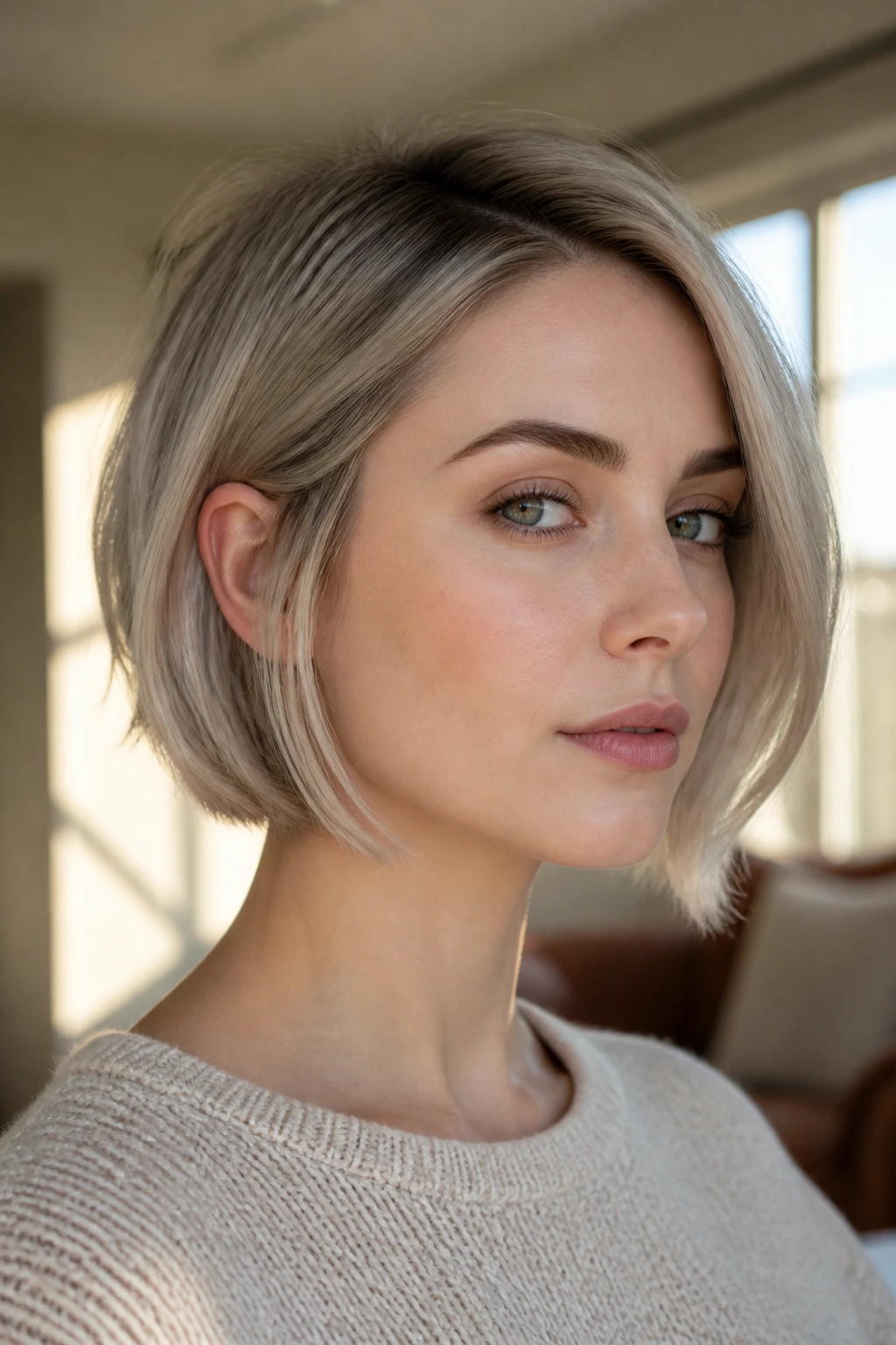 Close-up of a real woman with textured blunt bob and tucked ends in cool-toned hair