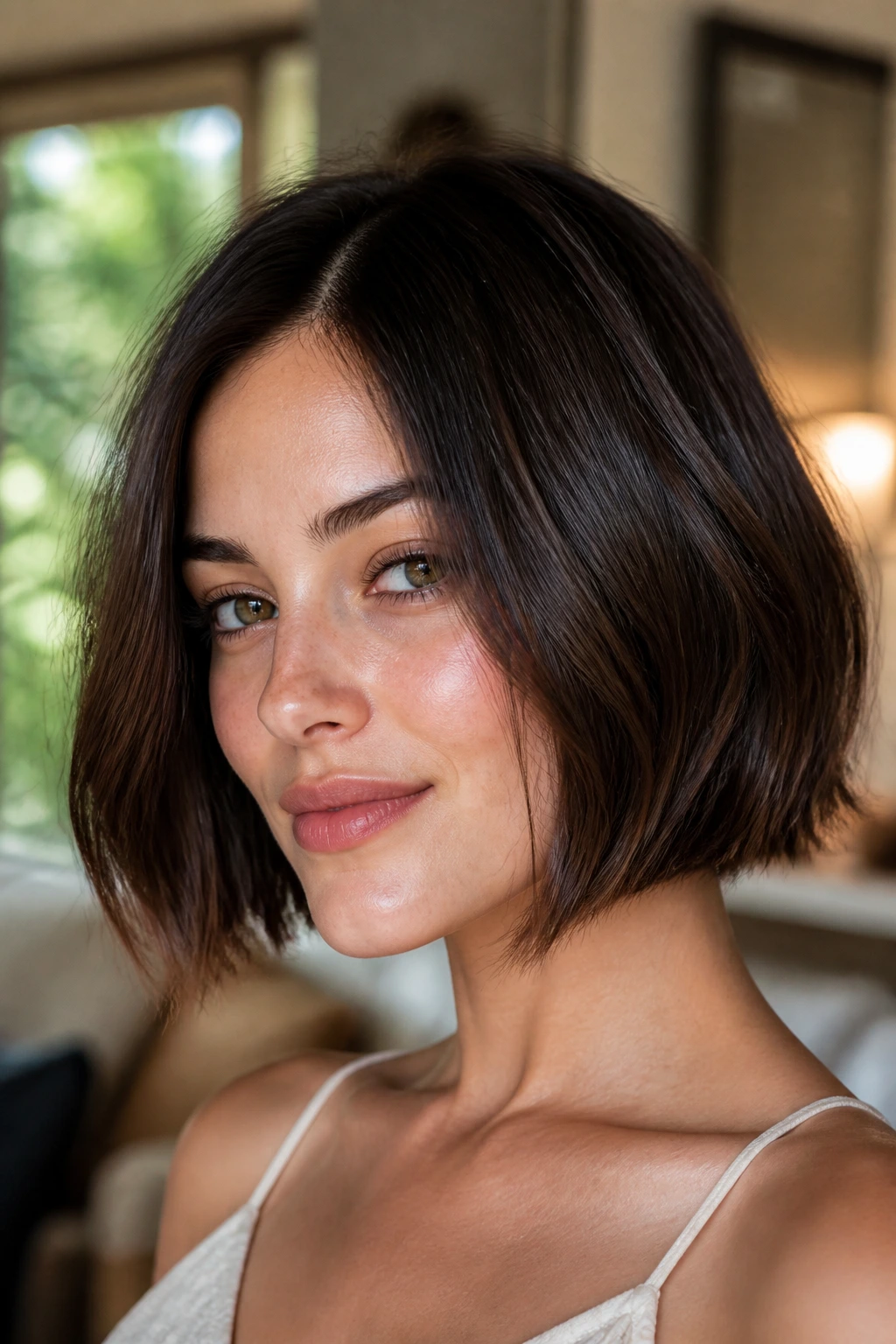 Close-up portrait of a real woman with a textured blunt bob and beveled ends just below the chin.