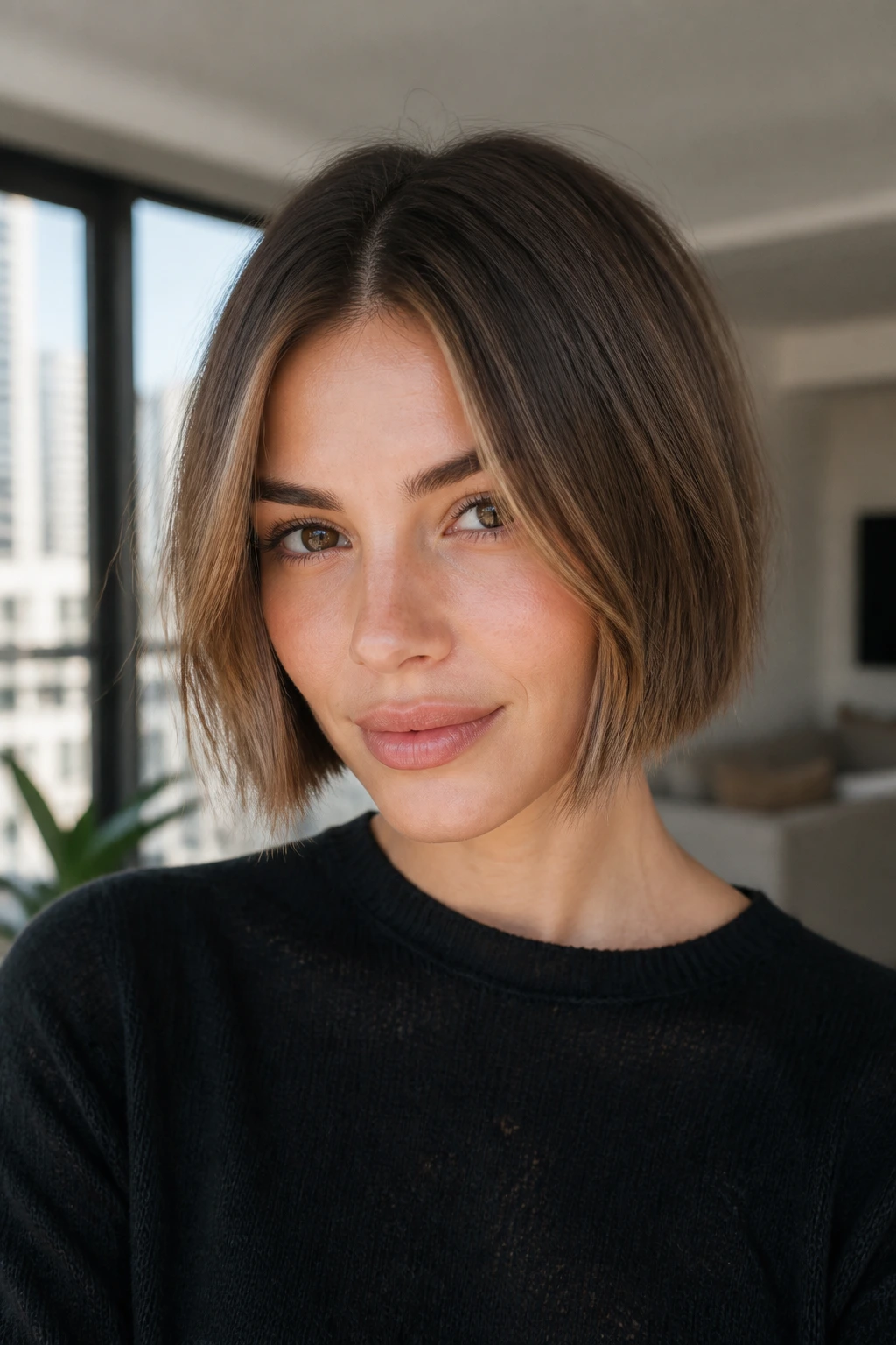 Real woman with textured blunt bob and center part.