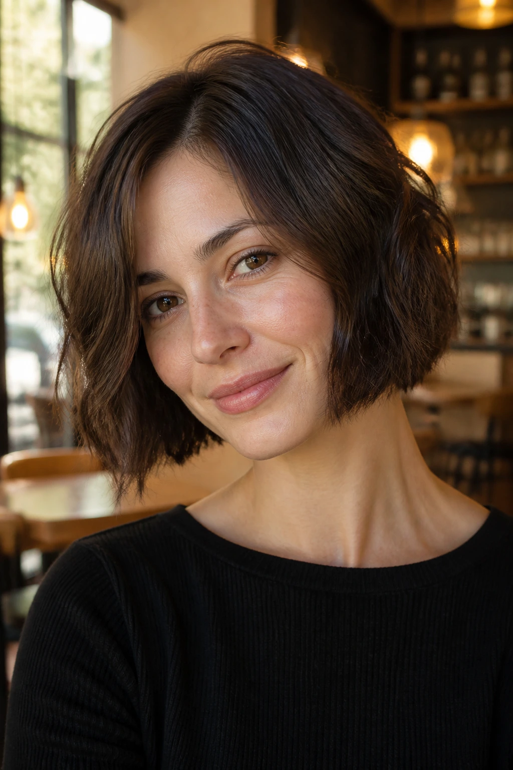 Woman with a textured blunt bob in a cafe setting.