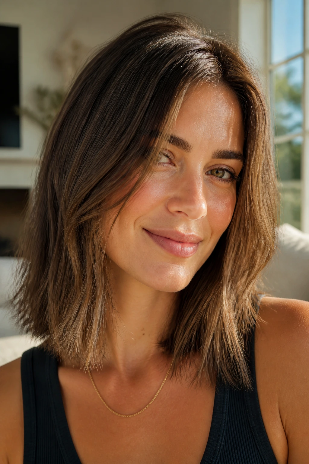 Close-up of a real woman with a textured blunt cut on medium hair in natural light