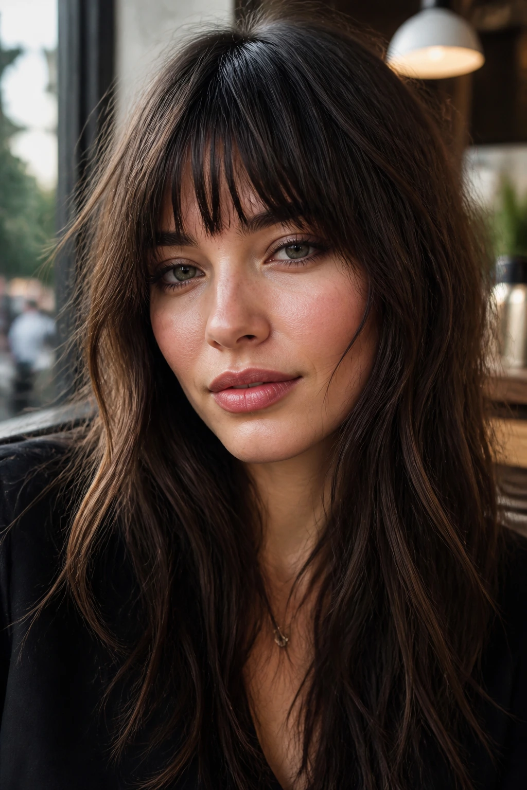 Close-up of a real woman with textured blunt fringe and choppy ends.